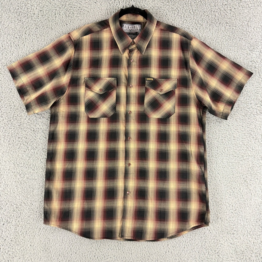Dixxon Flannel Company Shirt Mens L Tan Black Plaid Bamboo Blend Short Sleeve